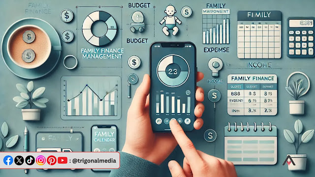 gambar tangan memegang smartphone dengan tampilan aplikasi pengatur keuangan, menunjukkan grafik anggaran, pengeluaran, dan pemasukan, dikelilingi oleh elemen kehidupan keluarga.
