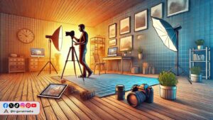 fotografer pemula mengatur peralatan kamera di rumah untuk memulai bisnis fotografi