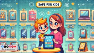 ilustrasi seorang ibu dan anak memilih gadget edukatif di toko dengan suasana ceria