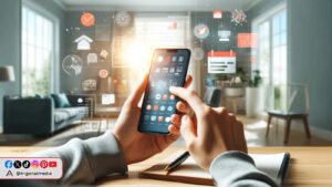ilustrasi seseorang menggunakan smartphone di tempat kerja yang rapi dengan elemen aplikasi produktivitas di layar