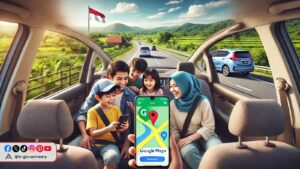 keluarga bepergian menggunakan google maps dengan pemandangan jalan raya yang hijau