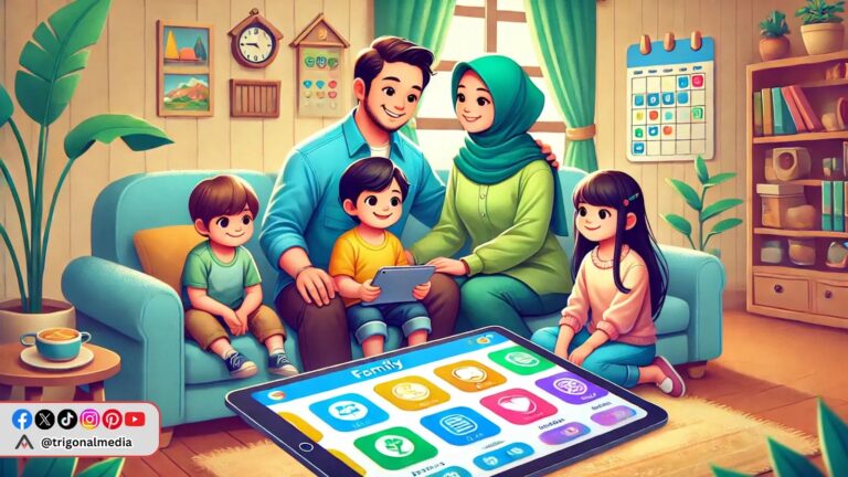 keluarga sedang menggunakan aplikasi pengingat di tablet untuk mengatur aktivitas sehari hari