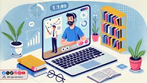 tutor online sedang mengajar siswa secara virtual di depan laptop dengan latar belakang rak buku dan papan tulis digital