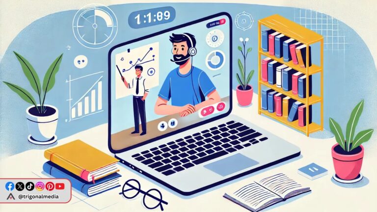 tutor online sedang mengajar siswa secara virtual di depan laptop dengan latar belakang rak buku dan papan tulis digital