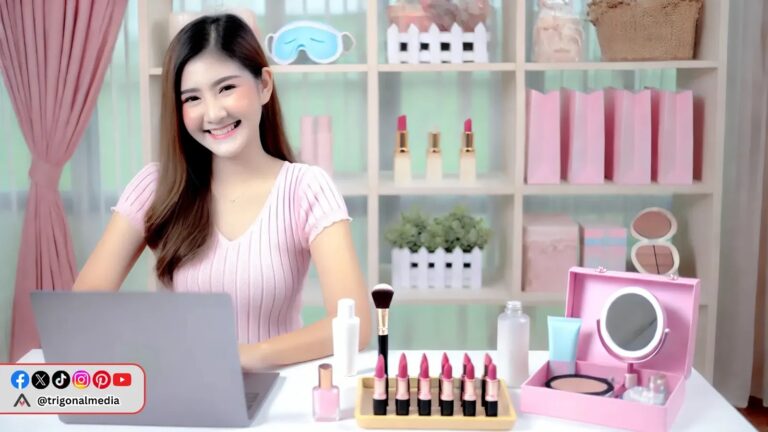 wanita muda sedang bekerja di depan laptop dengan produk kecantikan di sekitarnya