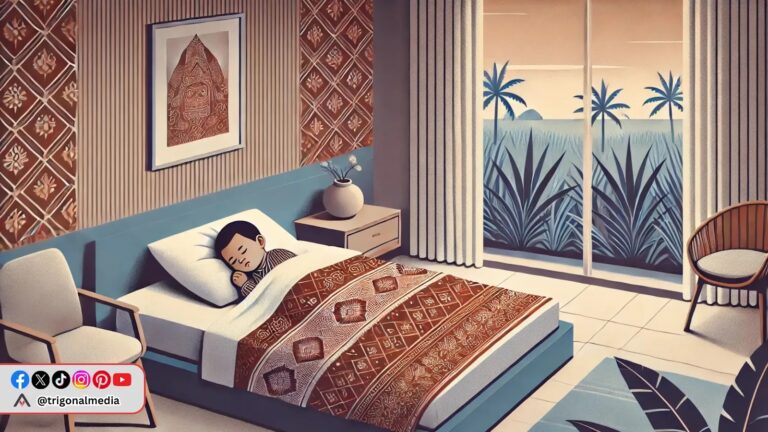 anak indonesia tidur dengan selimut batik di kamar nyaman