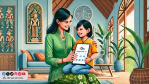 ibu dan anak di indonesia sedang menggunakan google family link di rumah