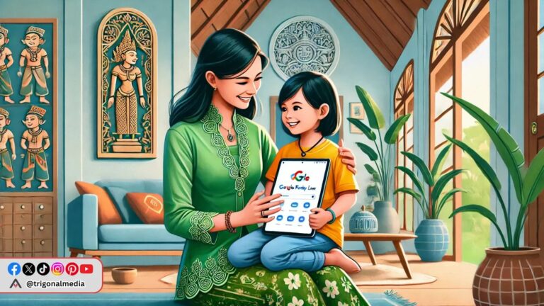 ibu dan anak di indonesia sedang menggunakan google family link di rumah