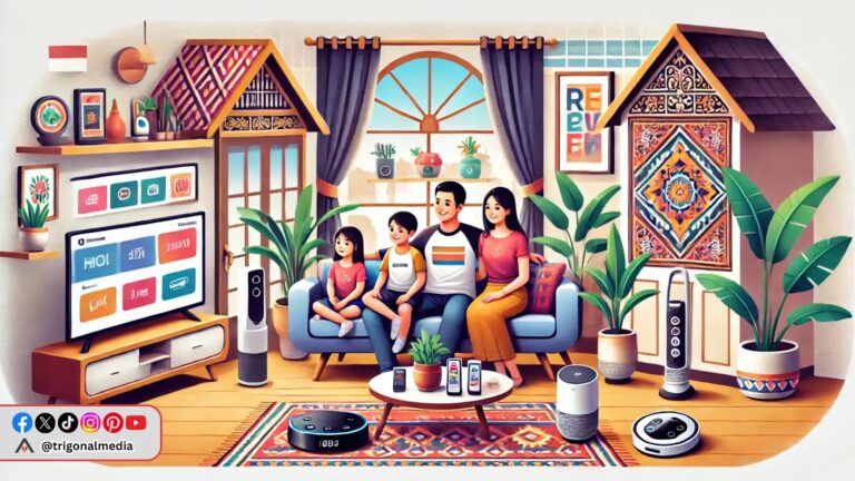 keluarga modern indonesia menggunakan produk teknologi di rumah dengan latar belakang motif batik