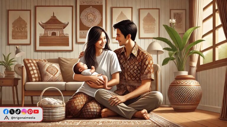orang tua baru indonesia bersama bayi mereka di ruang keluarga yang nyaman