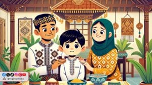 seorang anak pemalu bersama orang tua di acara keluarga besar