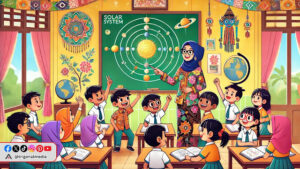 ilustrasi kartun anak anak indonesia di kelas sedang belajar menghafal urutan planet dengan teknik mnemonik