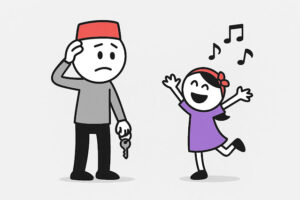 ilustrasi kartun stickman ayah kebingungan mencari kunci rumah