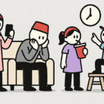 ilustrasi stickman keluarga sedang beraktivitas santai di ruang keluarga dengan latar abu terang