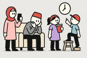 ilustrasi stickman keluarga sedang beraktivitas santai di ruang keluarga dengan latar abu terang